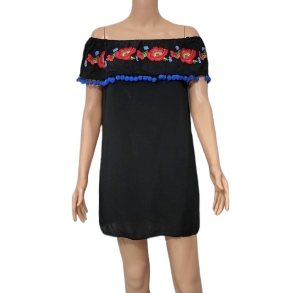 Bleuh Ciel mini Dress Size L Large Black Rayon Floral Embroidered off shoulder
